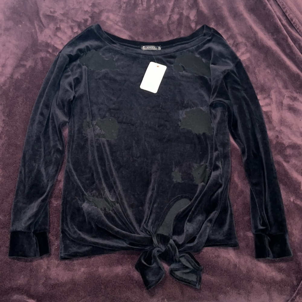 T Party Black Sweater- Distressed velvet- Size Small- Brand New!